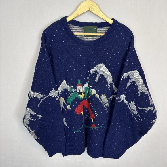 80s Ivy Oxford Ski Mountain Graphic Knit Sweater Men’s L Vintage Streetwear - Picture 1 of 5